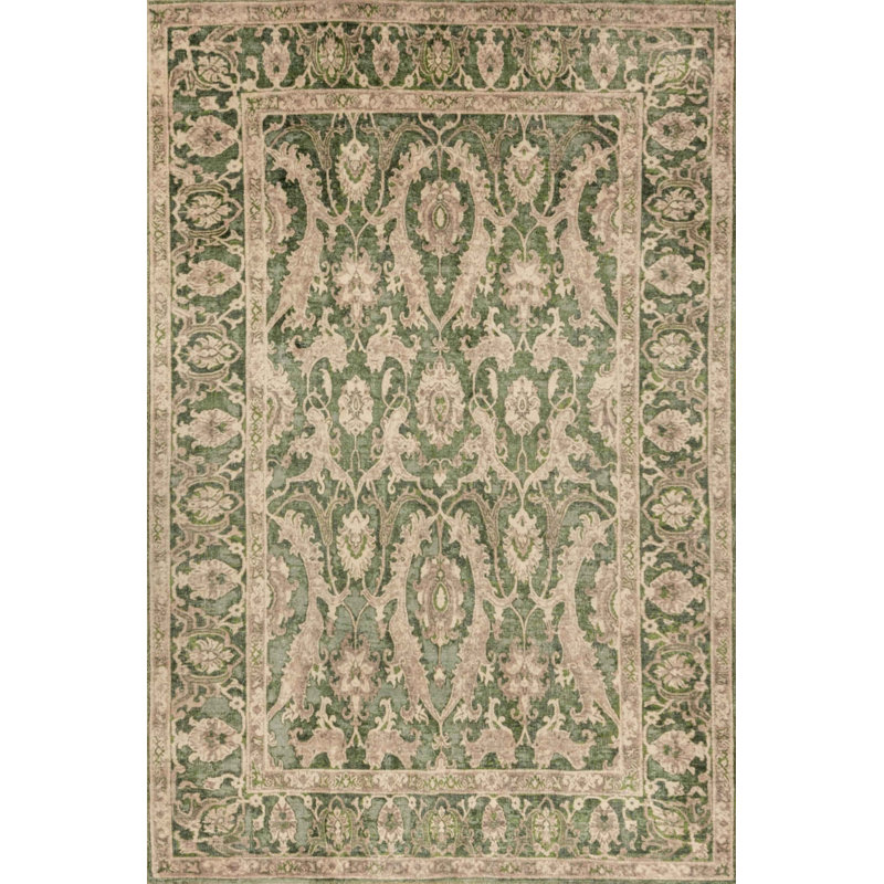 Tapis décoratif vert marocain beige en polyester doux au toucher, Rectangle 5'3" x 7'7"