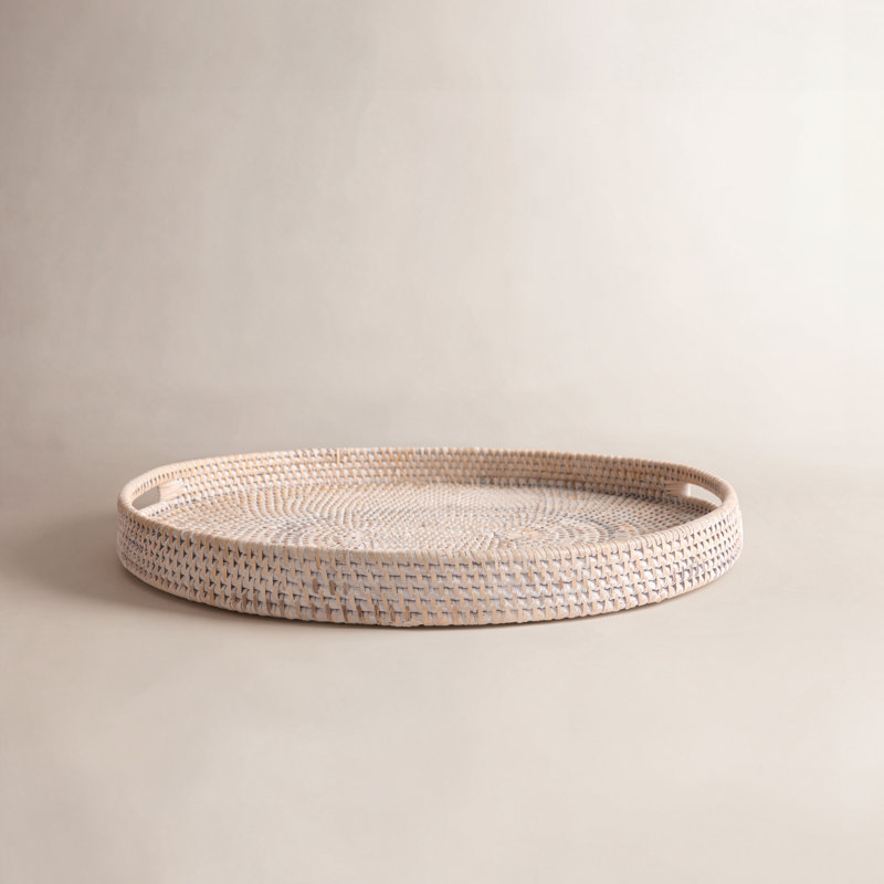 Ilonka Artifacts Rattan Oval Ottoman Tray With Cutout Handles, White Wash, 18"W x 15"D x 2"H