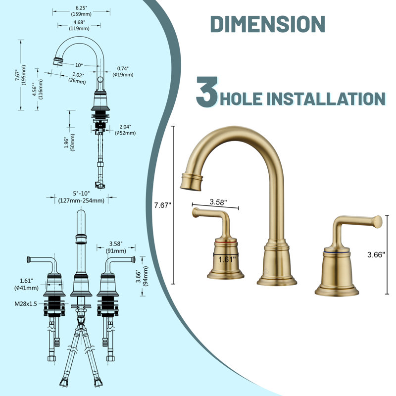 Robinet de salle de bain 8 po à 2 poignées avec drain, Or brossé