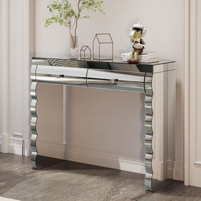 Vanity Table with Mirror, 2-Drawer Baked Curved Console Table in Silver for Bedroom