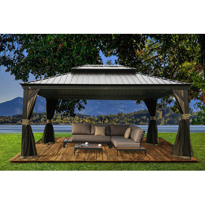 Alexander Dark Brown Double Roof Hardtop Gazebo with Curtain and Mosquito Netting
