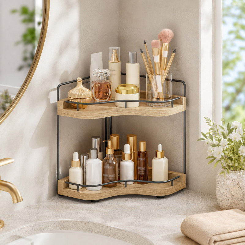2 Tier Corner Bathroom Counter Organizer, Oversized Vanity Storage Shelf