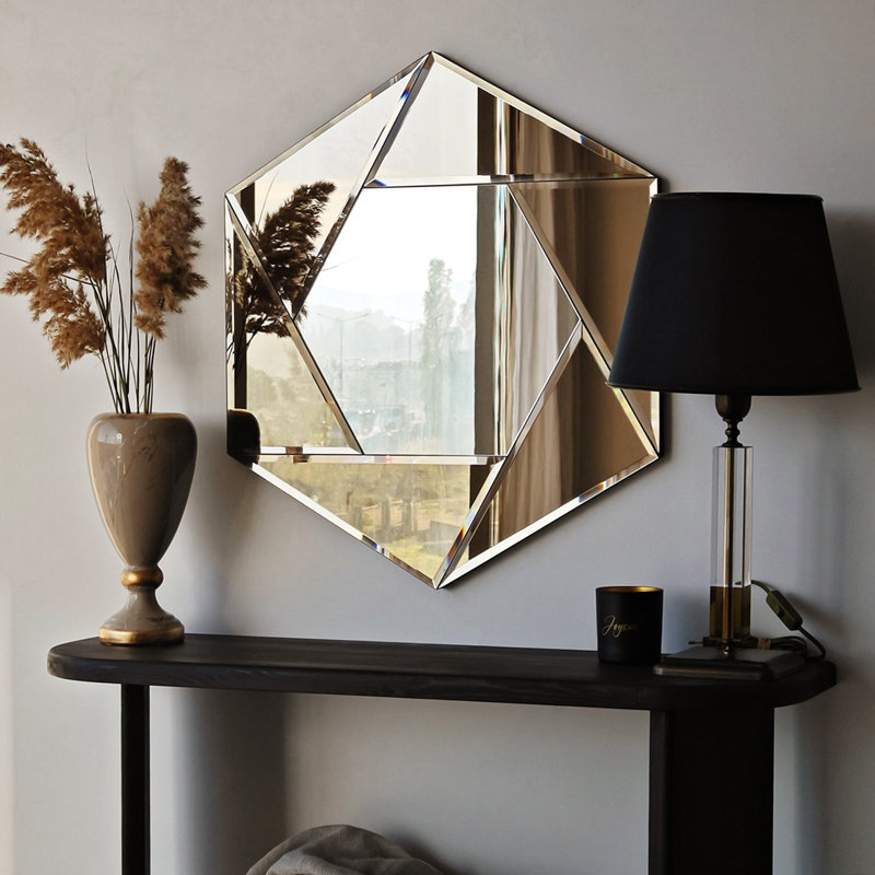 Wattie Modern Geometric Mirror, Bronze Color, 23.6 x 27.6 inches | 100% Melamine Coated Particle Board with PVC Strapping | Horizontally & Vertically Adjustable, Wall-Mountable | Stylish & Functional Home Décor