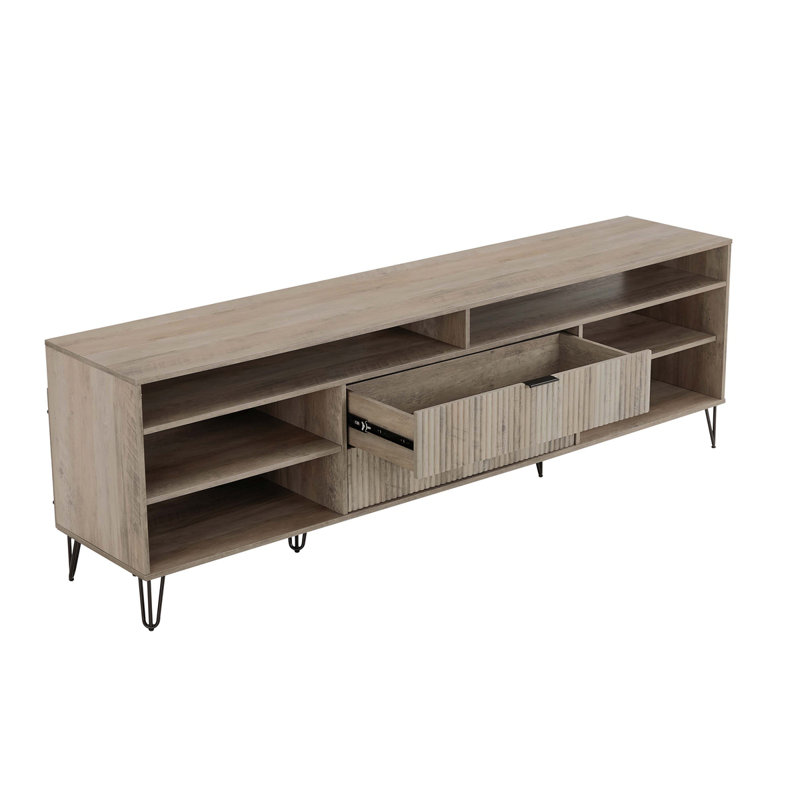 Dumbo 85" Modern Fluted TV Stand with 6 Adjustable Shelves and 2 Drawers for TVs up to 80" in Rustic Gray, Rustic Gray