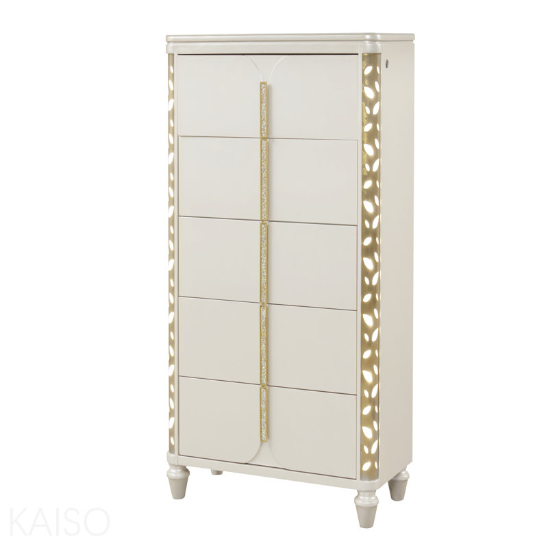Commode en bois beige de style traditionnel avec accents à DEL dorés