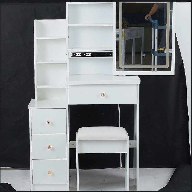 29.2" Small Size Left Bedside Cabinet Vanity Table + Cushioned Stool, Large Sliding, Touch Control, Tri-color Switching, Brightness Adjust LED Mirror, High Capacity Storage, Suitable for Small Space