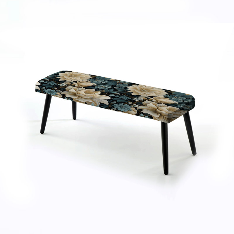 Floral Upholstered Black Bench, White And Blue Symphony Of Petal Gardens 