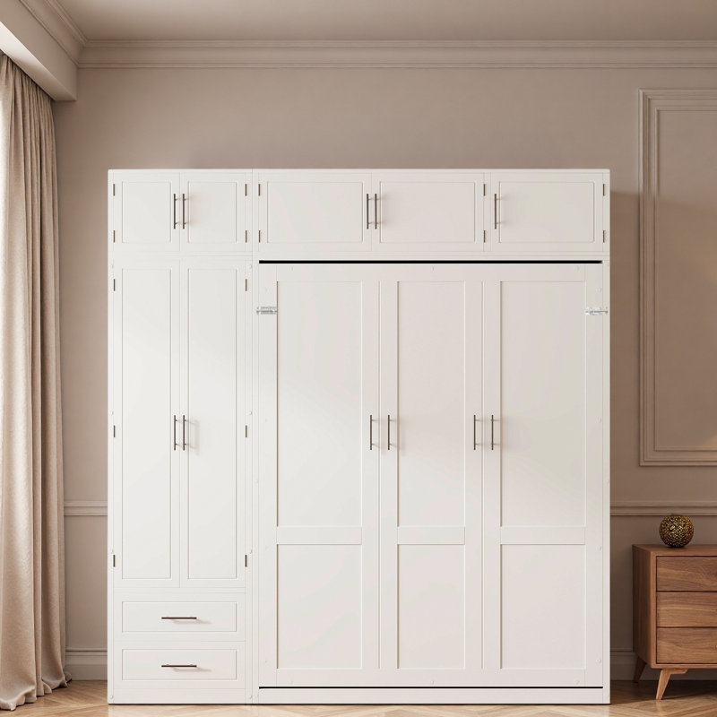 Grand lit escamotable mural avec armoire supérieure, tablettes et garde-robe, lit pliant peu encombrant, Blanc