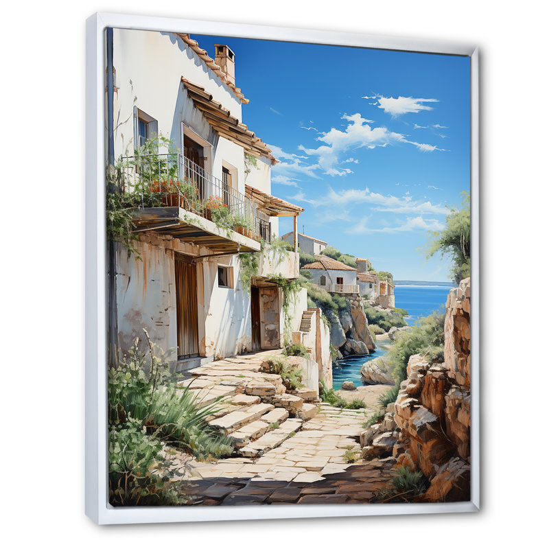 Spain Azure Coastline Village V - Spain Wall Art Living Room, H 32 po x l 16 po x P 1 po, Cadre flottant blanc