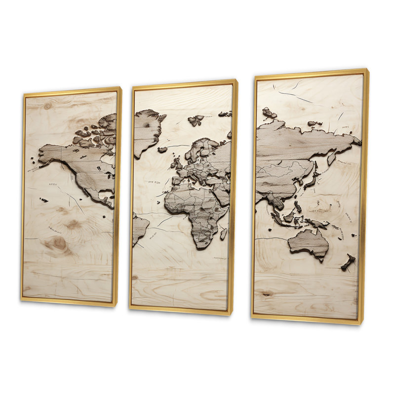 Rustic Route World Map - ensemble d'art sur toile carte du monde, Cadre flottant doré, H 28 po x l 36 po x P 1 po