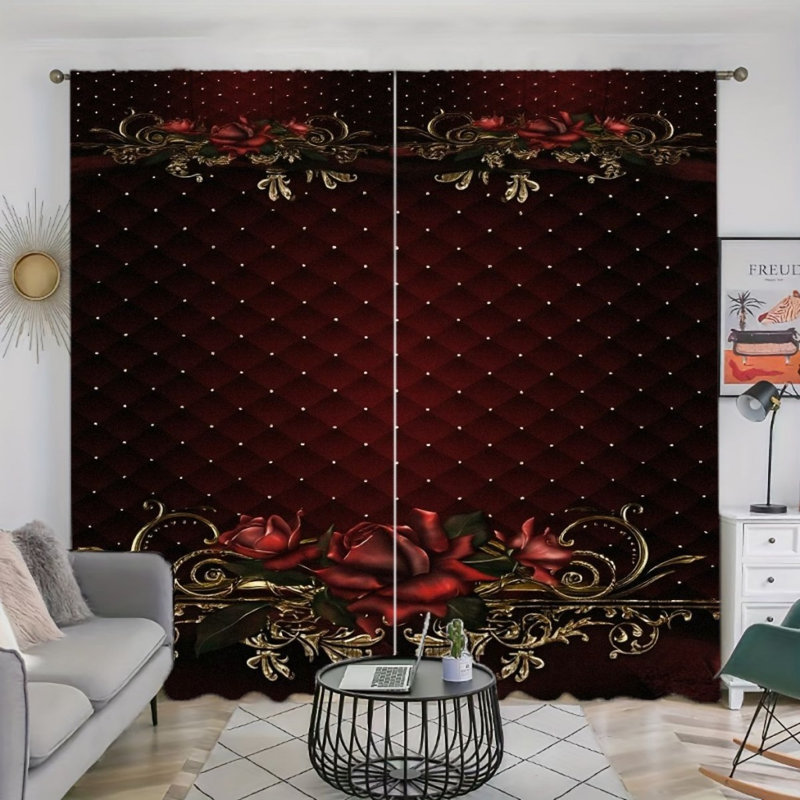 2Pcs Red Gold Rose Pattern Curtains, Luxurious Baroque Style, Rod Pocket Window Drapes, Elegant Floral Design, Living Room Bedroom Study Window Decor
