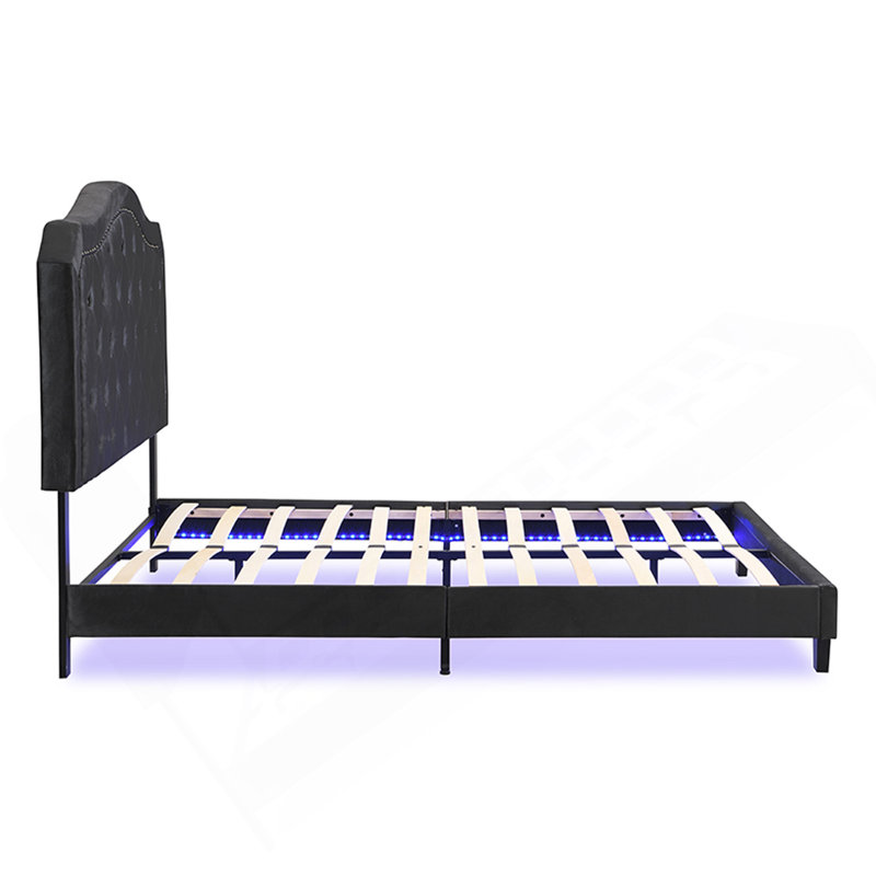 Bouton de lit rembourré capitonné avec un design incurvé - Support en lattes de bois massif - Assemblage facile - Velours noir - Avec lit plateforme à DEL - Grand