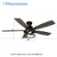 Ventilateur de plafond industriel encastré de 132 cm (52 ​​po) noir mat avec kit d'éclairage et télécommande, moteur CC réversible à 6 vitesses, pour salon