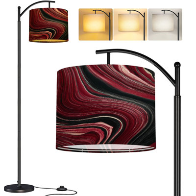  Élégante lampe sur pied arc rouge et noir avec effet de marbre, grande lampe sur pied moderne, abat-jour réglable en lin à 3 couleurs