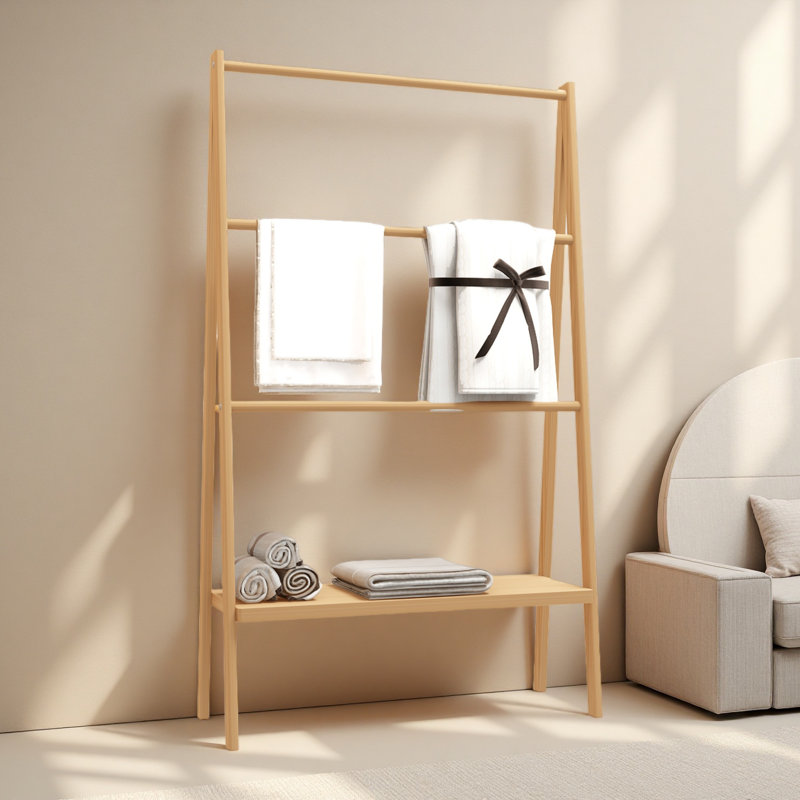 Bamboo Ladder Towel Rack With Storage Shelf