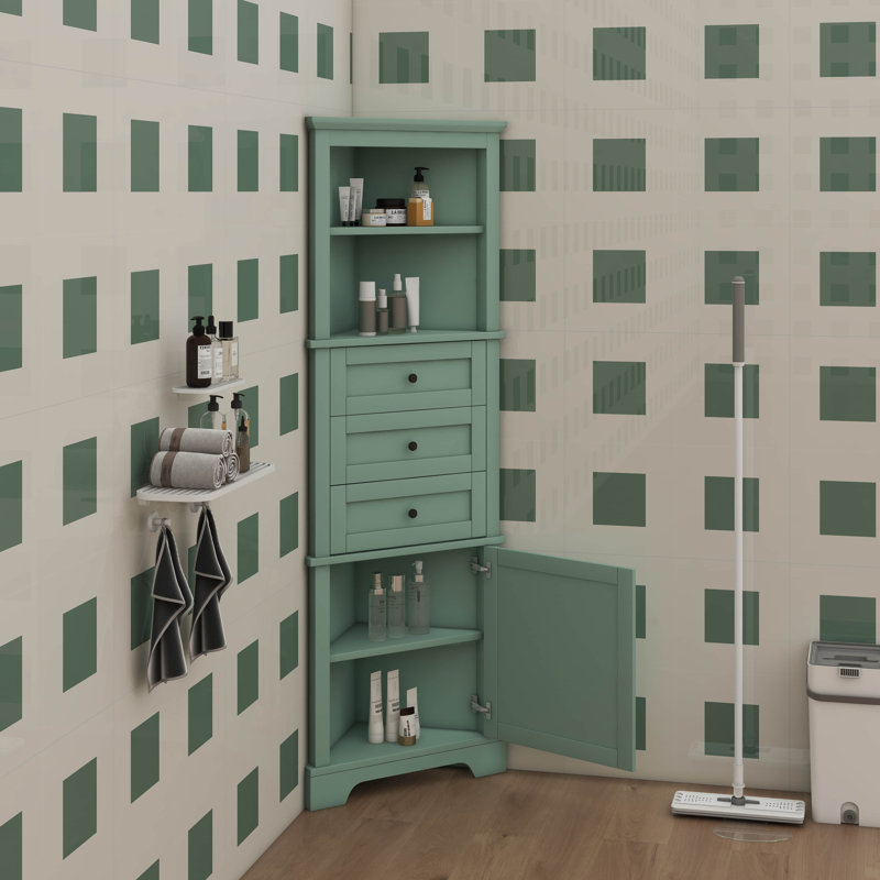Armoire de coin triangulaire avec trois tiroirs et tablettes réglables, Vert