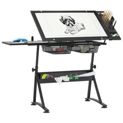 Table à dessin Fusion avec tablette lumineuse DEL intégrée, table lumineuse en verre trempé réglable en hauteur et en angle, tablette lumineuse Artograph, tiroirs de rangement et tablette latérale