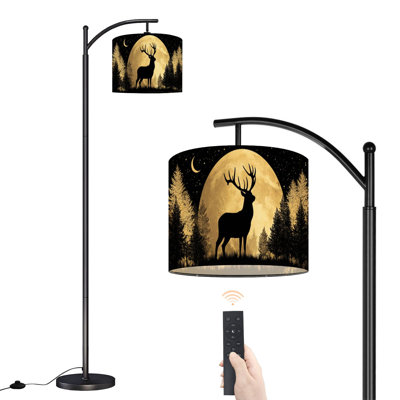 Lampe sur pied à arc avec abat-jour ajustable chasse silhouette de cerf sous la forêt, ciel étoilé, faune sur pied, 3 couleurs, intensité variable, haute lampe sur pied avec interrupteur au pied pour la chambre à coucher