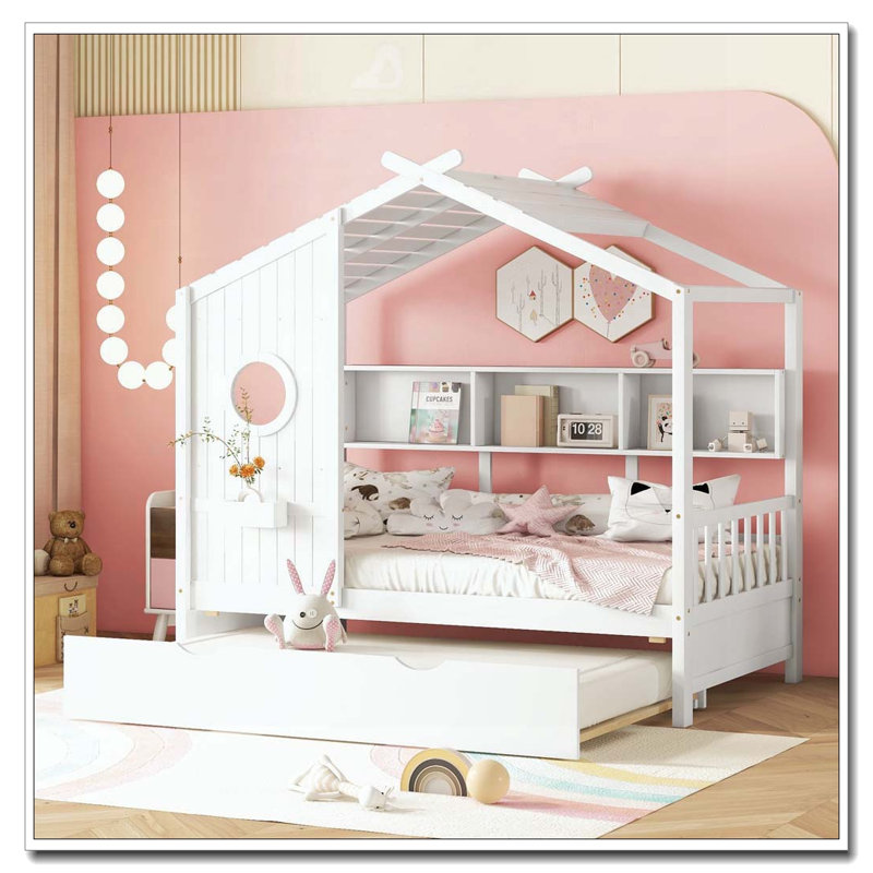 Lit double en bois avec lit gigogne, Blanc, Lit double