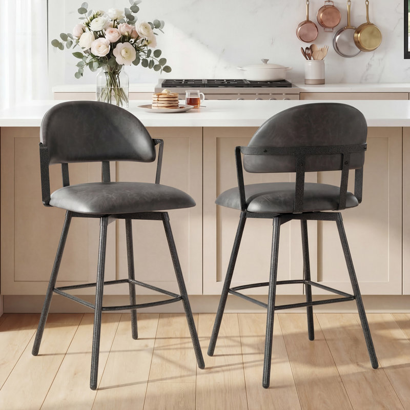 Swivel Upholstered  26.4" Counter Stool with Metal Frame (Set of 2), Black Gray, Set of 2