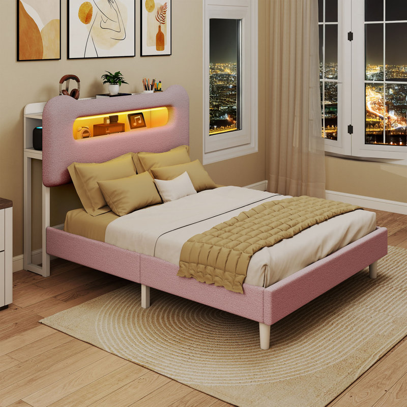 Lit plateforme avec rangement et éclairage DEL, Rose, Double