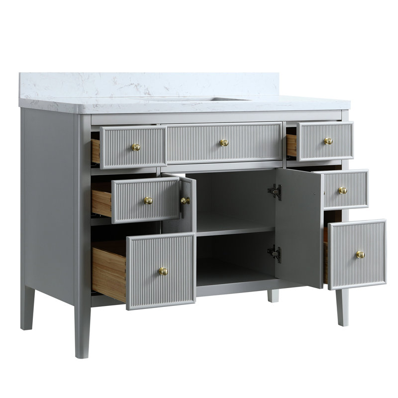 Meuble-lavabo autoportant 48 po gris, bois massif, comptoir en marbre épais de 1 2/5 po et quincaillerie à fermeture en douceur