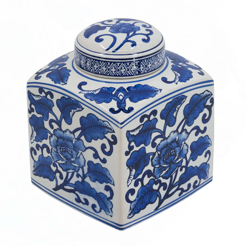 5X5x8" Hand Painted Square Canister, Blue And White Floral Pattern