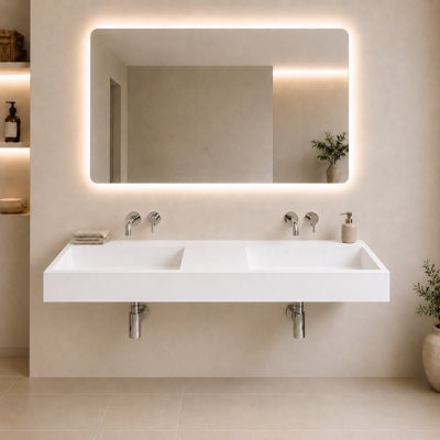 Juniper 60" Rectangular Modern Wall Mounted Bathroom Sink with Concealed Drain Plate - White, No Faucet Hole