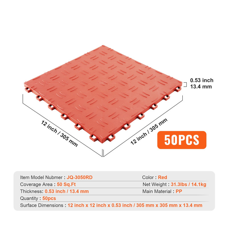 Carreaux de garage à emboîtement, 12 x 12 x 0,53 pouces, paquet de 50 carreaux de revêtement de garage, carreaux de garage antidérapants à texture double face, pour garages, sous-sols, ateliers de réparation - rouge