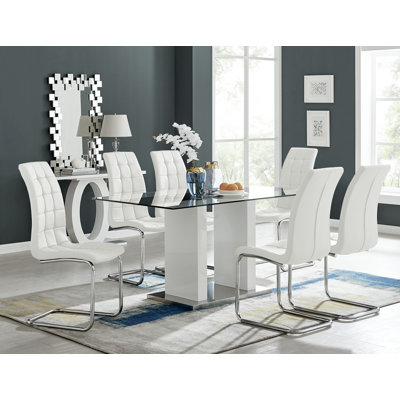 Ransart Modern Luxury Glass & Metal Dining Table Set With 6 Modern Faux Leather Dining Chairs