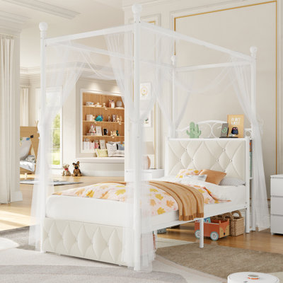 Upholstered Metal Canopy Storage Bed with Charging Ports, 2 Modes Princess Bed