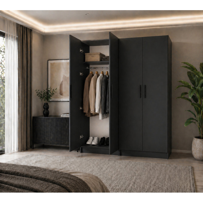 Nitra 4 Door Solid + Manufactured Wood Wardrobe, Black