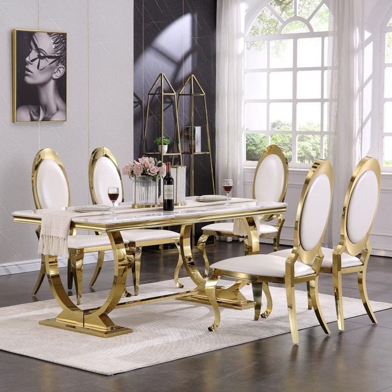 Mid Century Modern White Leather And Gold Dining Chairs With Cabriole Legs, 6