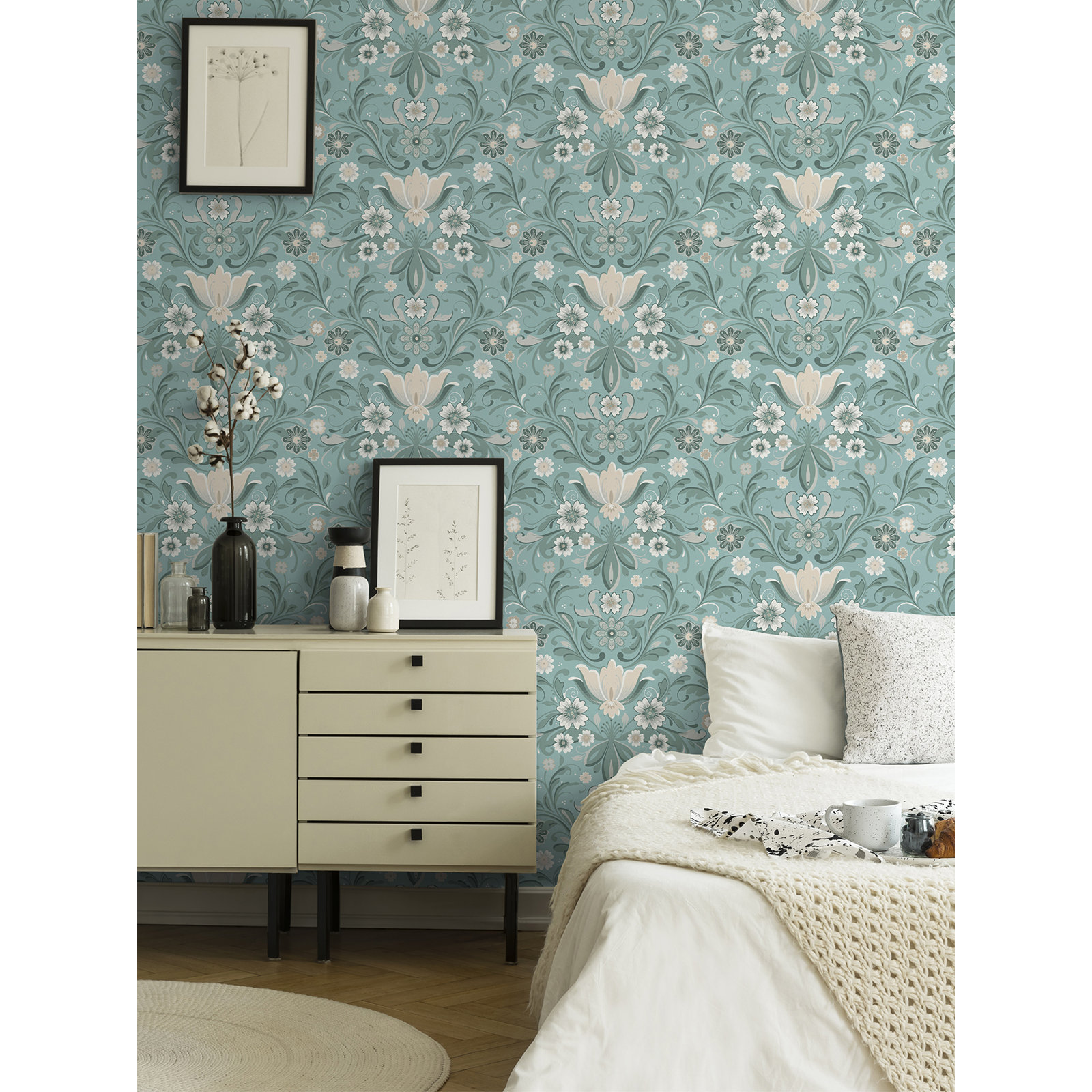 Toddy Floral Wallpaper, Turquoise