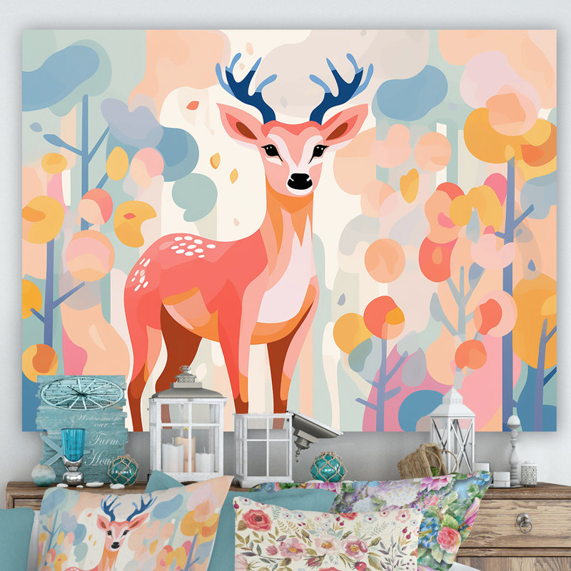 Art floral mural, cerf rose, H 30 po x l 40 po x P 1,5 po, Toile tendue