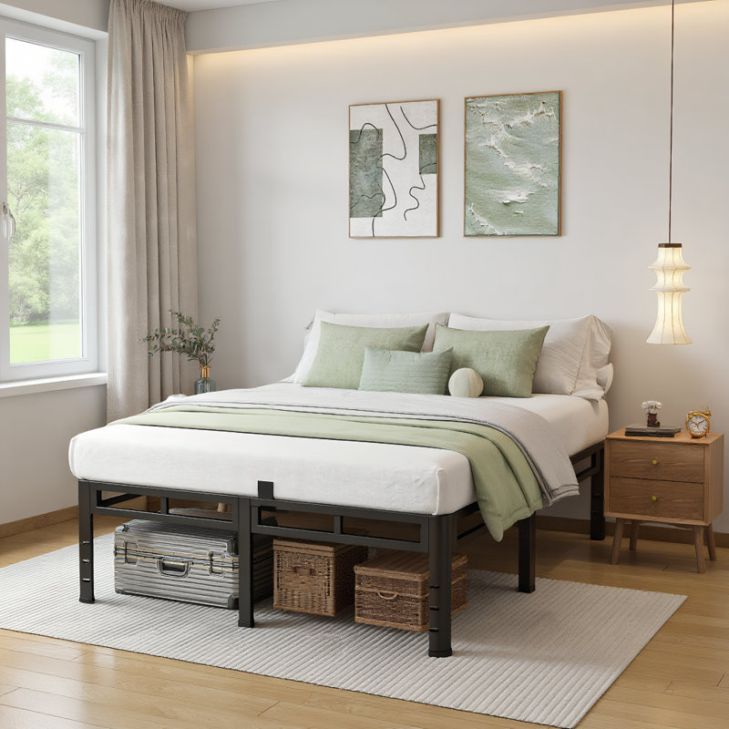 14 Inch Bed Frame, Double Layer Metal Bed Frame with Round Corner Legs, 4000LBS Bed Frame & Box Spring 2 in 1 Platform with Headboard Holes Mattress Baffles