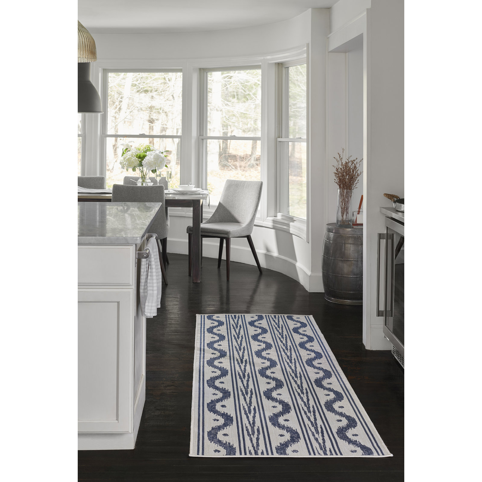 Karini Blue White Ikat Outdoor Rug, Runner 2'7" x 7'6"