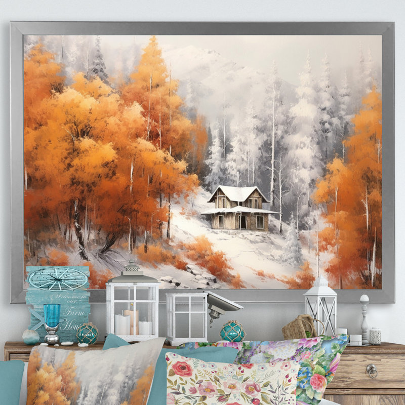 Cabine confortable orange et grise sur toile, H 16 po x l 32 po x P 1 po, Cadre simple argenté