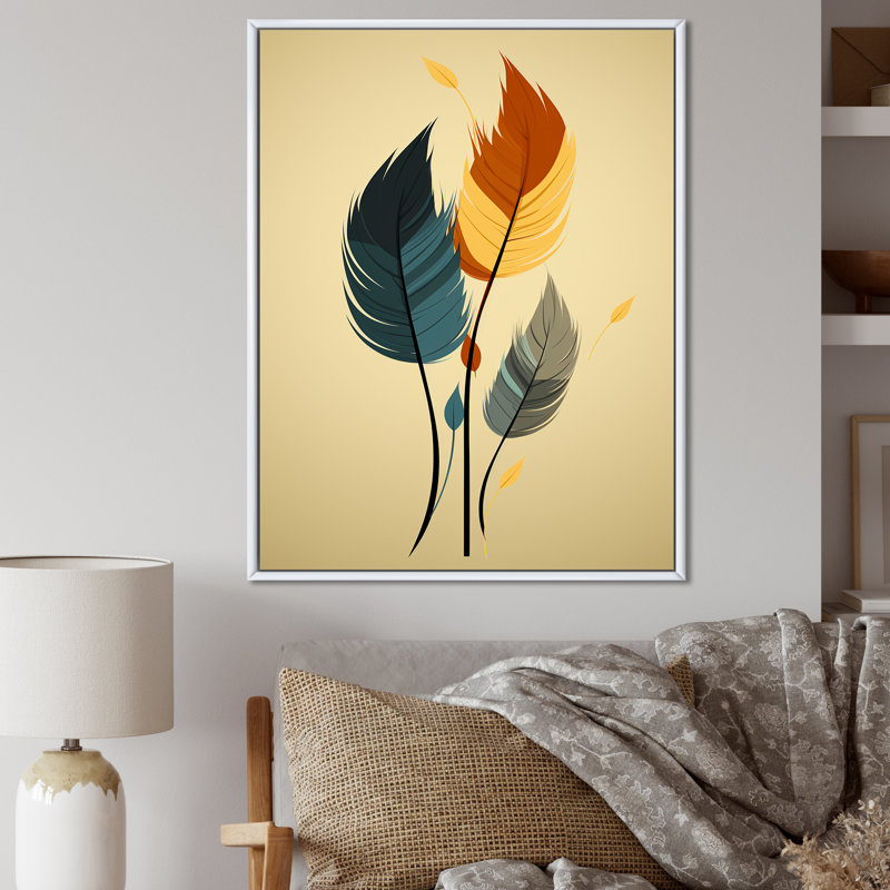Rétro plumes de bohème orange et orange sur toile, H 44 po x l 34 po, Cadre photo noir