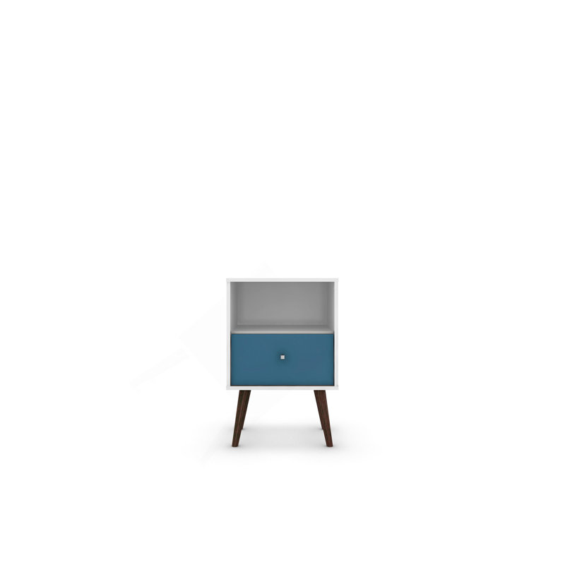 Table de chevet 18 po en bleu turquoise et blanc (1 tiroir), Blanc / Bleu aqua