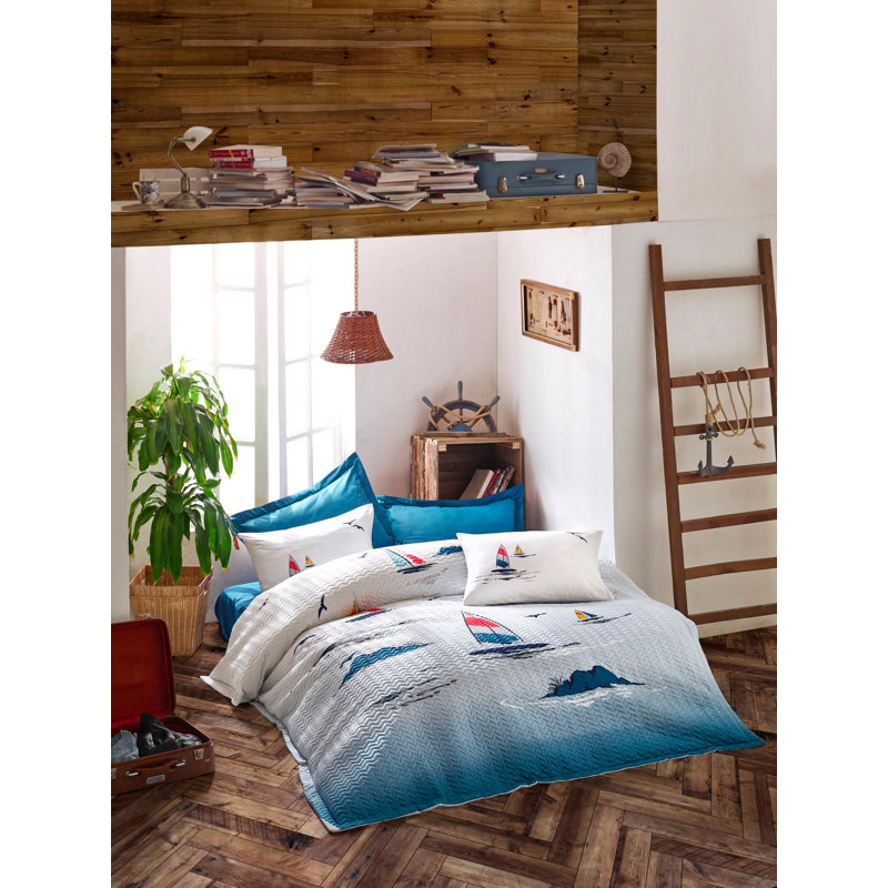 Ensemble de housse de couette 100% coton 3 pièces bleu / blanc Colton