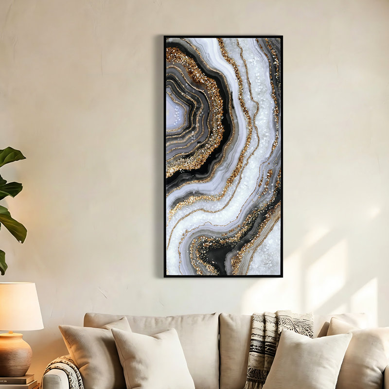 Décoration murale abstraite moderne 20 x 40 pouces, toile noire et dorée avec, peinte à la main, idéale pour le bureau d'art à la maison, toile, décor professionnellement polyvalent