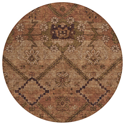 Tapis extérieur rond lavable floral 8 pi cuivre et brun orange