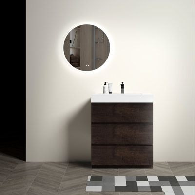 Meuble-lavabo de 30 po en noyer, armoire de rangement contemporaine, grand rangement, lavabo blanc, tiroirs en noyer de salle de bain autoportant, amélioration élégante, rails de tiroir silencieux