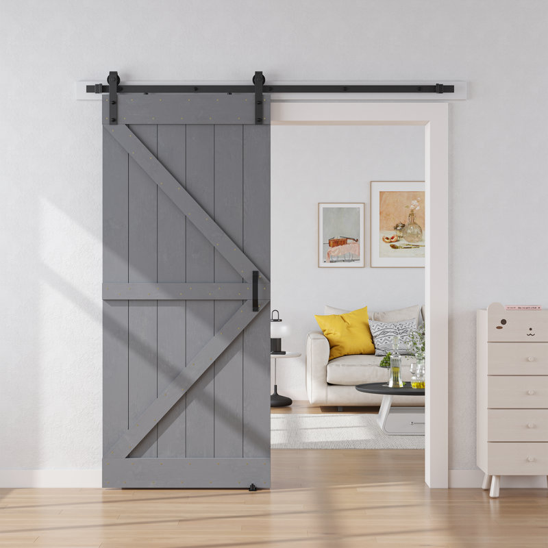 Gray Solid Wood Textured Sliding Barn Door Kit with Metal Hardware