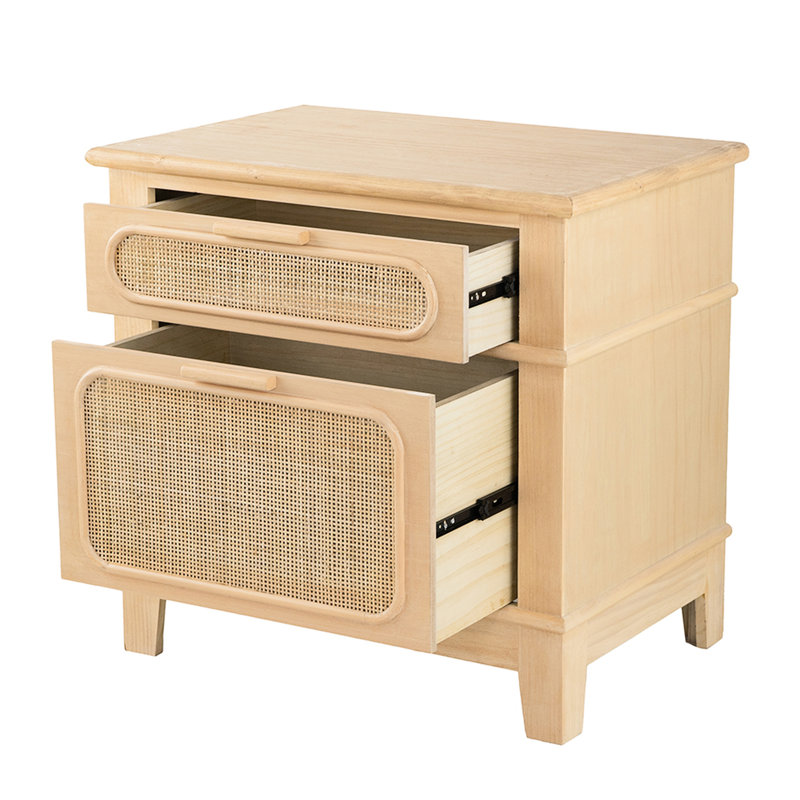 Table de chevet style bohémien Mid-Century 27,5 x 18 x 26 po, placage en bois de pin et insert de style canne