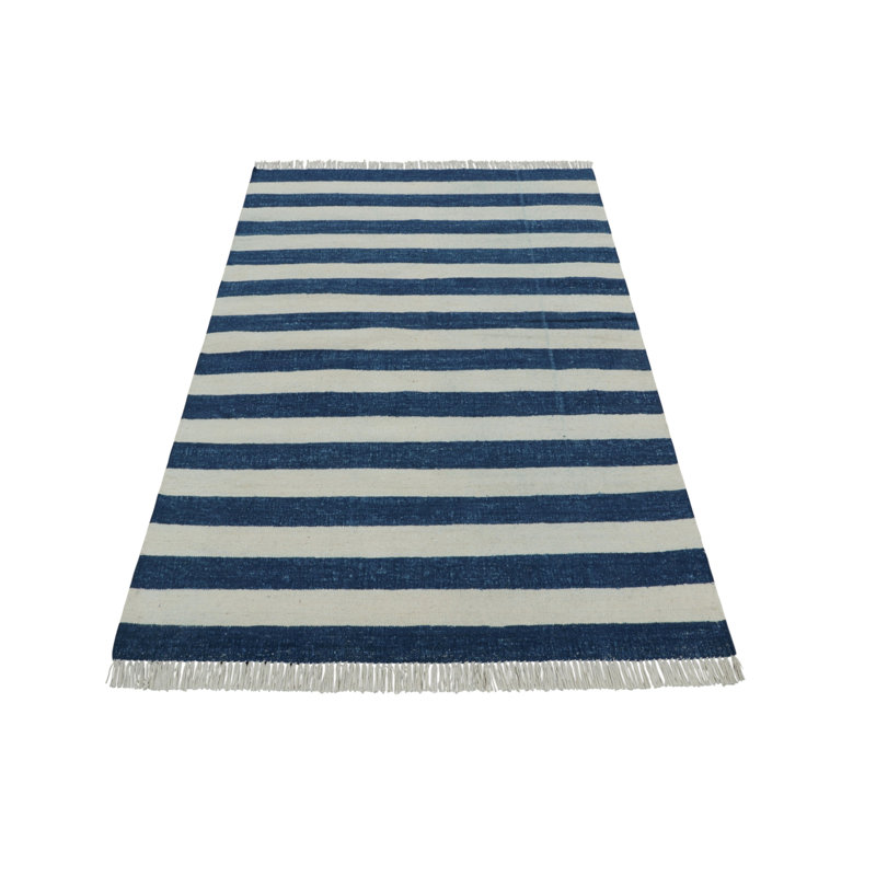 Rug & Kilim’S Indian Dhurrie Rug In Cool, Coastal Navy Blue And White Stripes