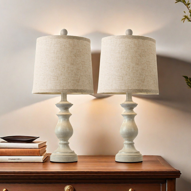 White 22" Rustic Farmhouse Table Lamp Set with Linen Shades