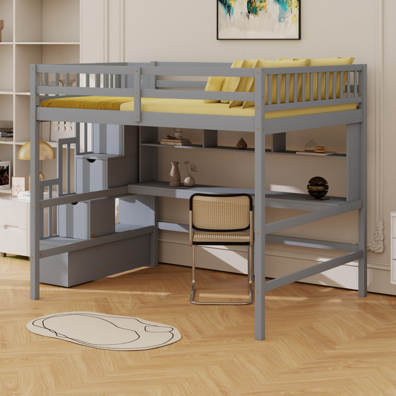 Lit mezzanine avec bureau, tablettes de rangement et escalier, Gris