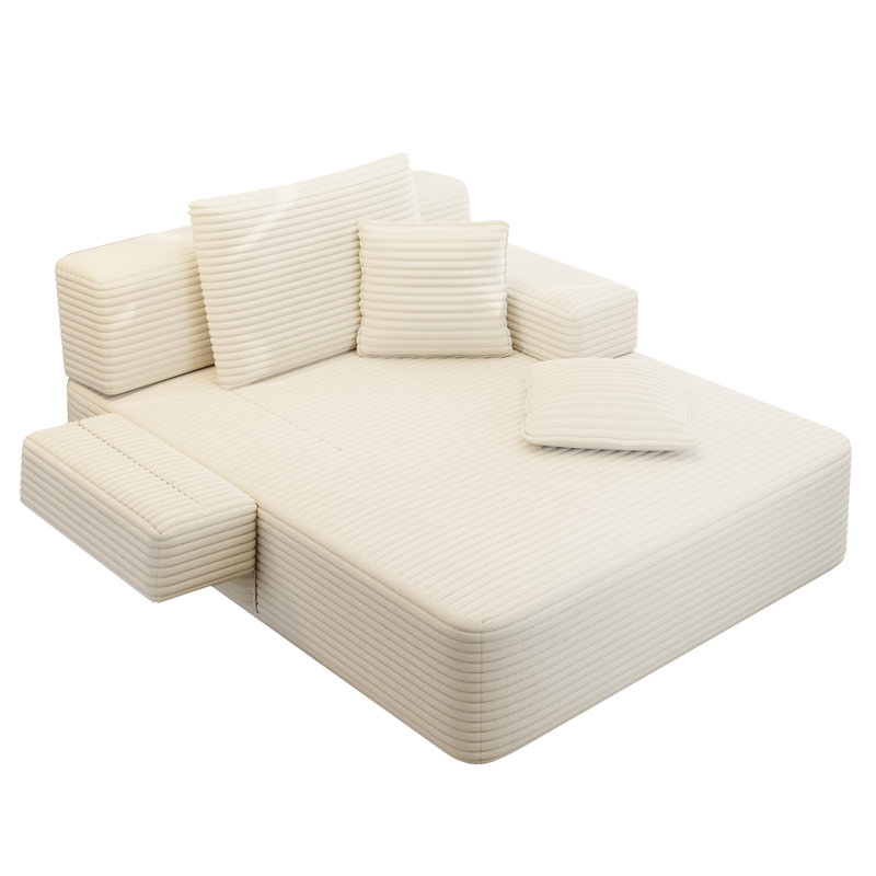 Canapé-lit convertible luxueux en velours côtelé avec pochette de rangement et accoudoirs larges, Beige